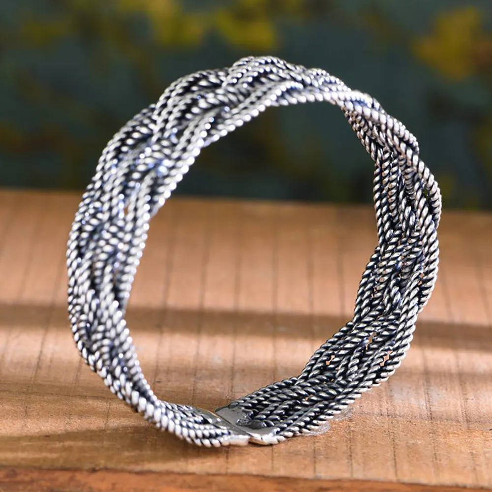 Real Solid 999 Fine Silver Cuff Bracelet Braided Twist Fashion Punk Jewelry Open Bangle