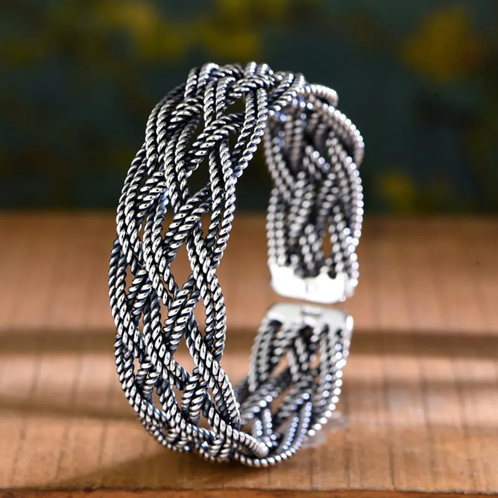 Real Solid 999 Fine Silver Cuff Bracelet Braided Twist Fashion Punk Jewelry Open Bangle