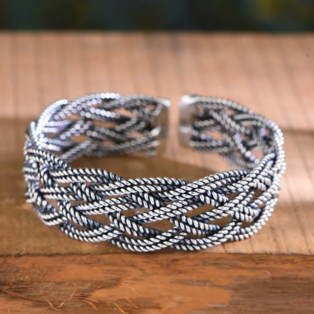 Real Solid 999 Fine Silver Cuff Bracelet Braided Twist Fashion Punk Jewelry Open Bangle