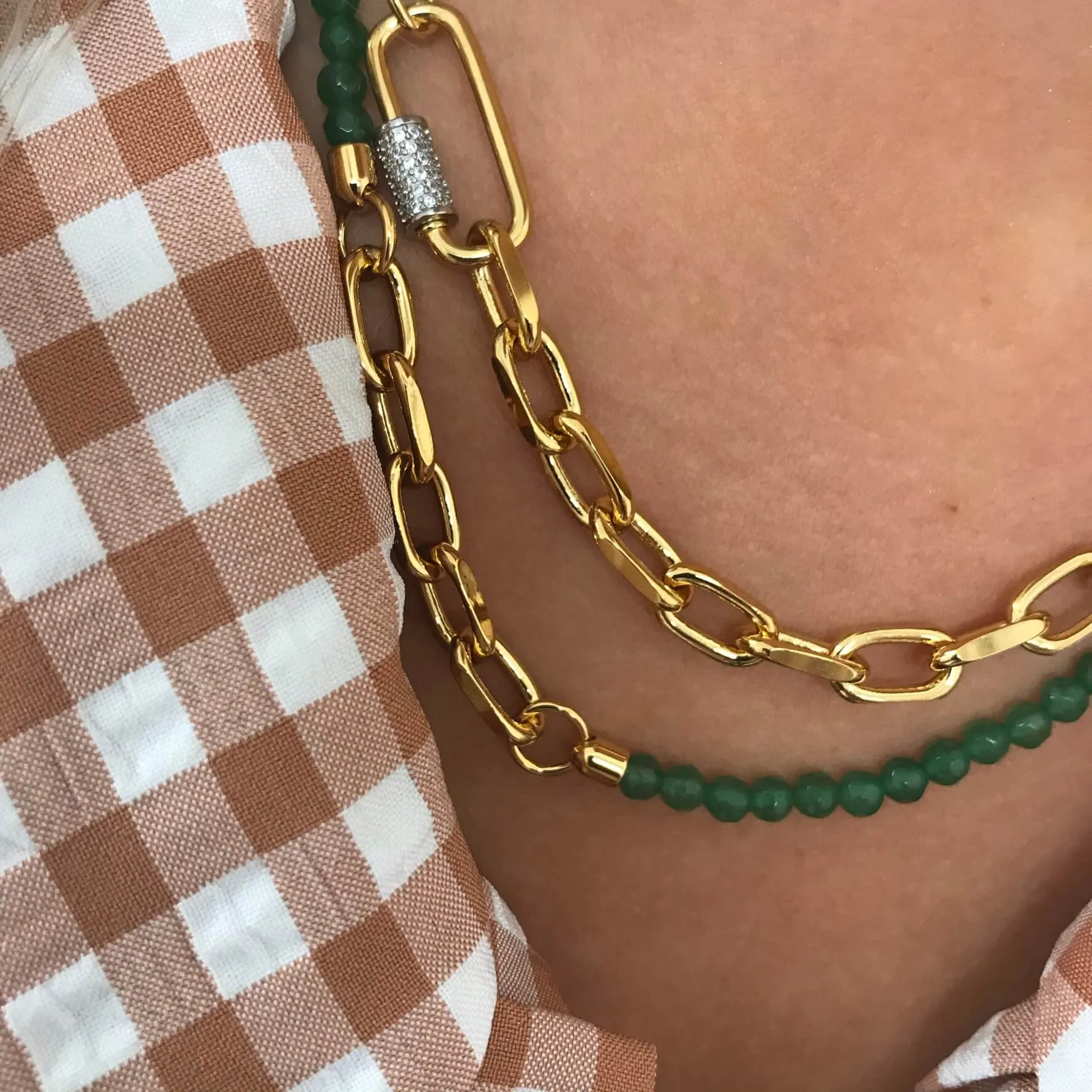 Rebecca Gold Link & Green Bead Necklace