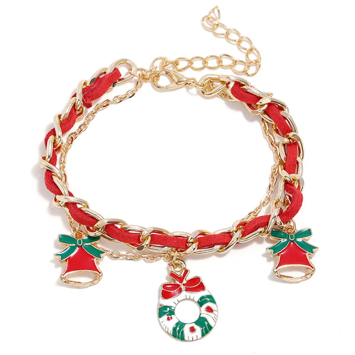 Red Enamel & 18K Gold-Plated Threaded-Cord Holiday Wreath Charm Bracelet