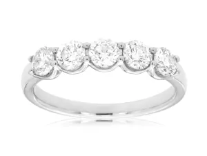 Round Diamond Shared Prong Wedding Band in 14k White Gold, 1.0cttw