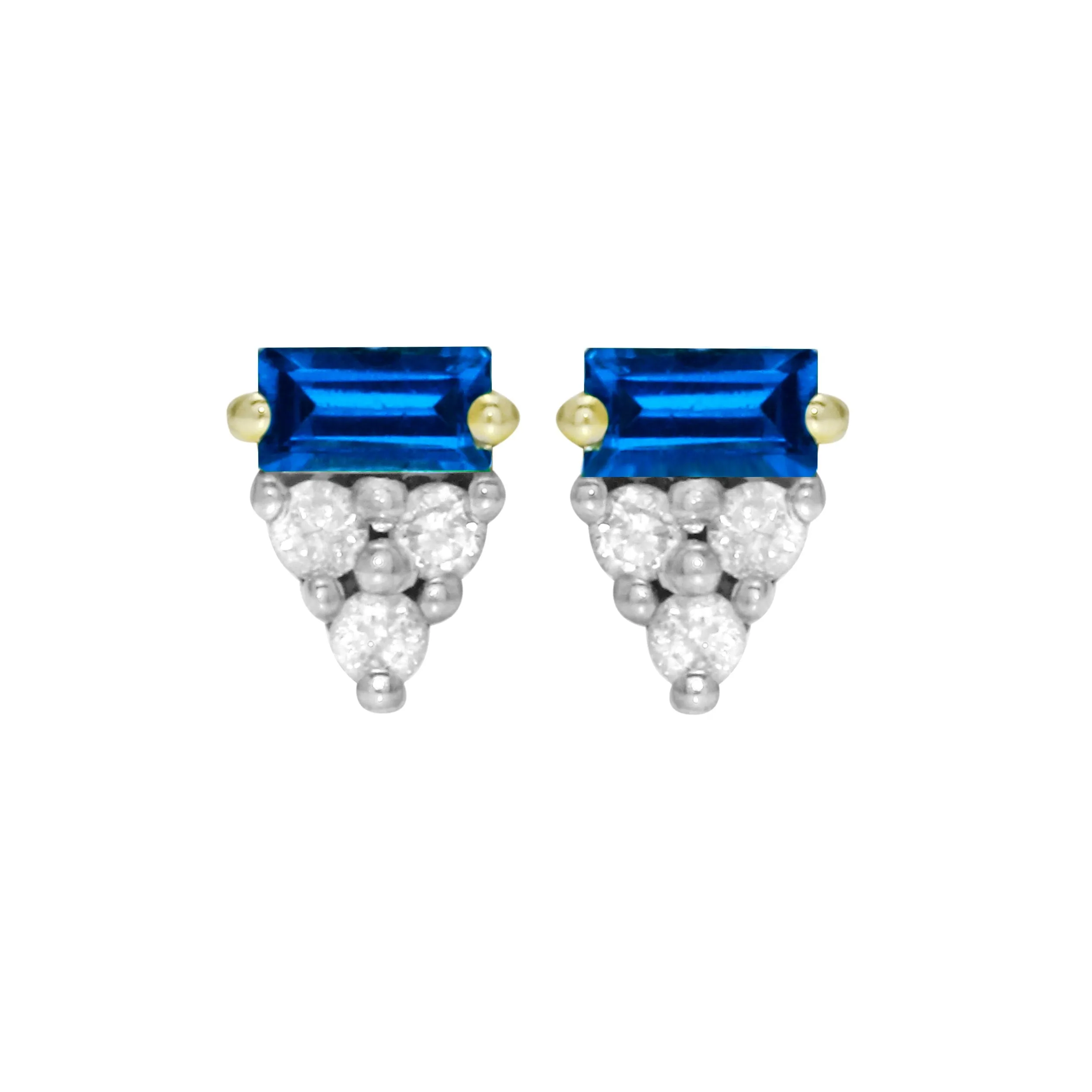 Sapphire Baguette and Diamond Trio Pavé Stud Earrings, 14k