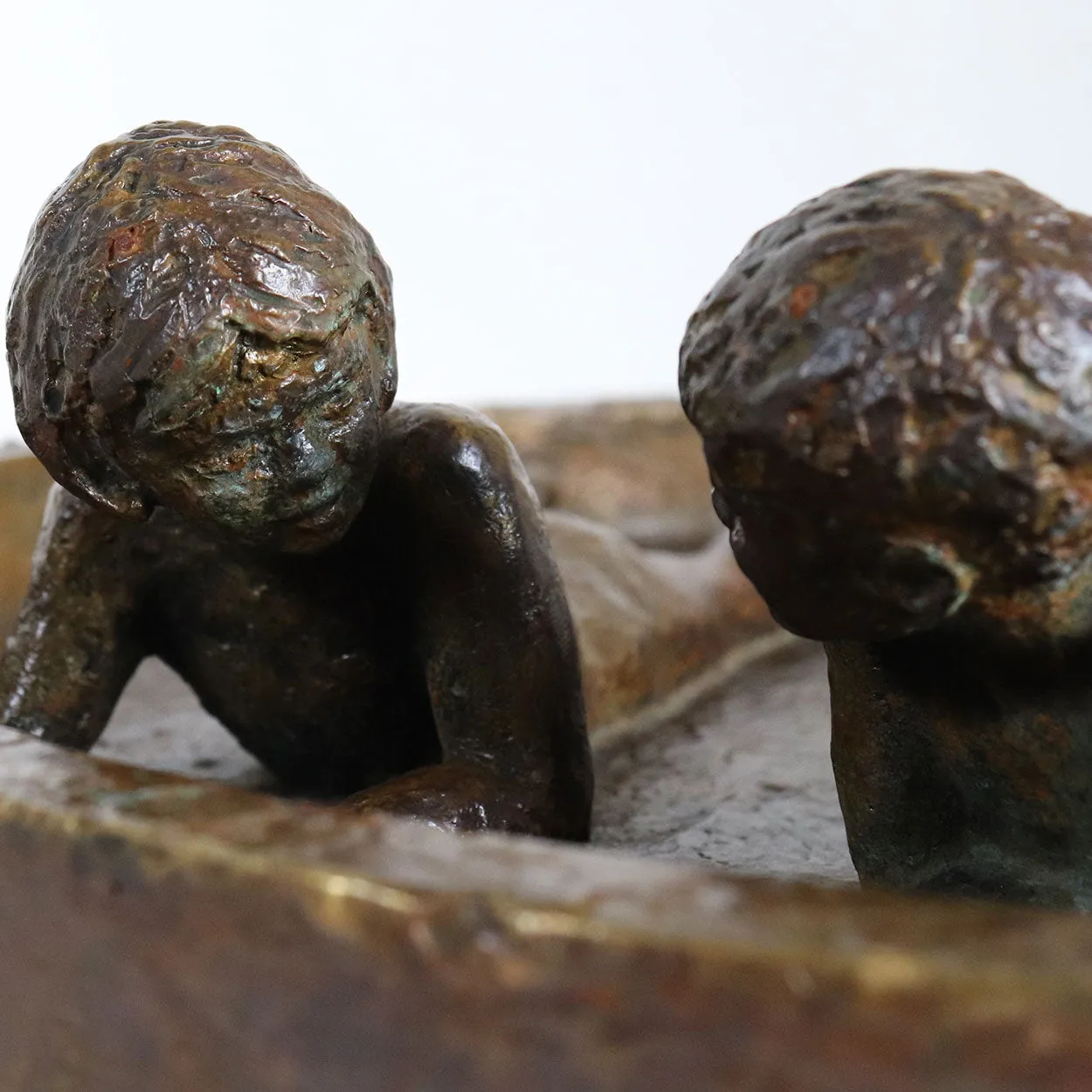 Signed American SB Cast Bronze Sculpture, Two Siblings in a Wading Pool