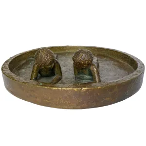 Signed American SB Cast Bronze Sculpture, Two Siblings in a Wading Pool
