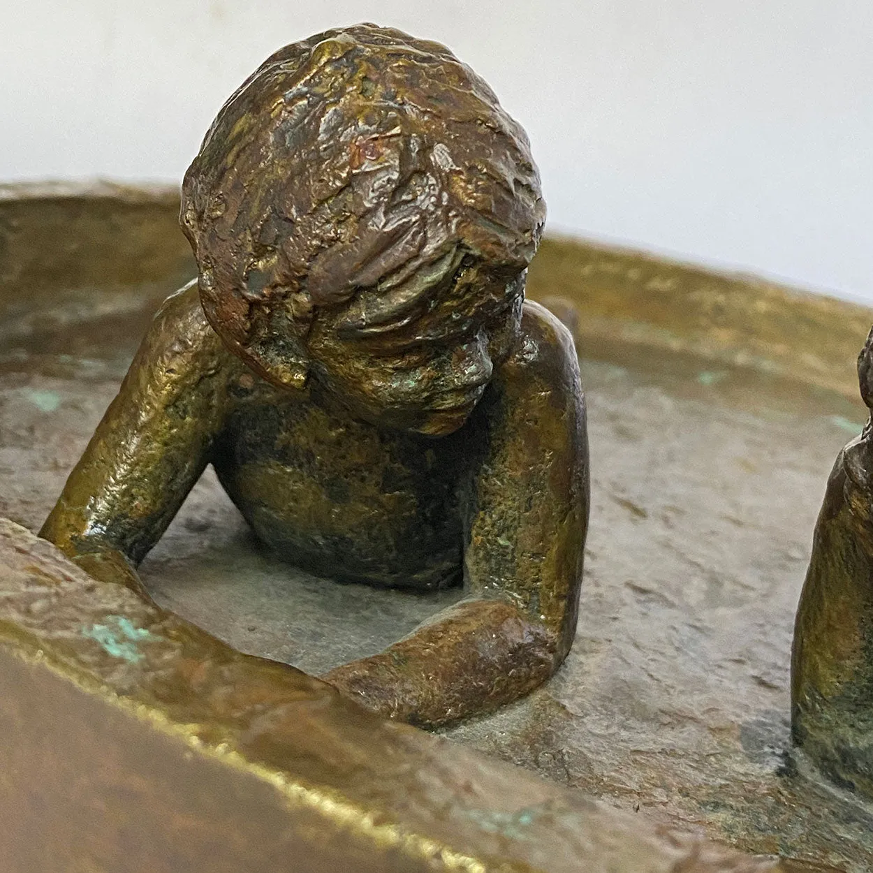 Signed American SB Cast Bronze Sculpture, Two Siblings in a Wading Pool