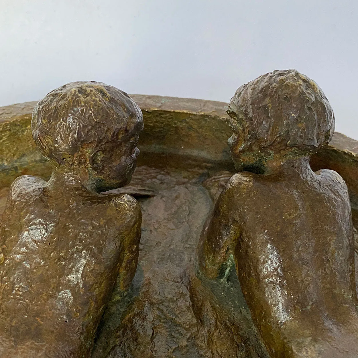 Signed American SB Cast Bronze Sculpture, Two Siblings in a Wading Pool