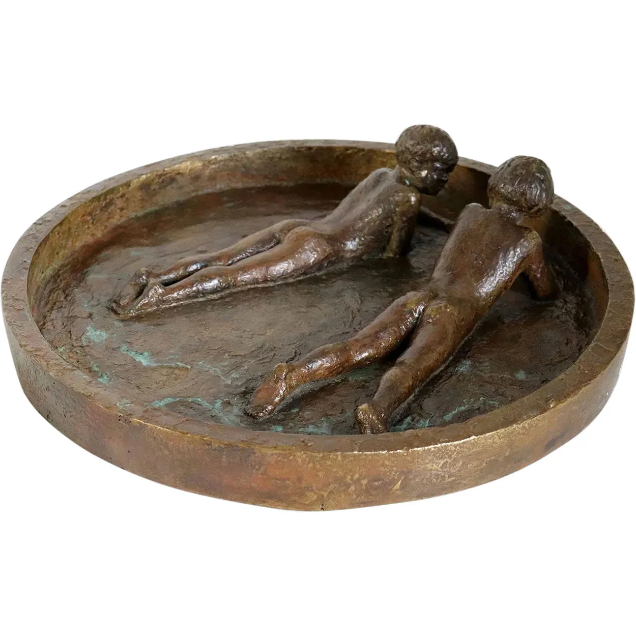 Signed American SB Cast Bronze Sculpture, Two Siblings in a Wading Pool
