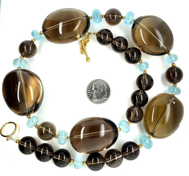 Smoky Quartz, Aquamarine and 18k Yellow Gold Beaded Necklace, 20 Inches