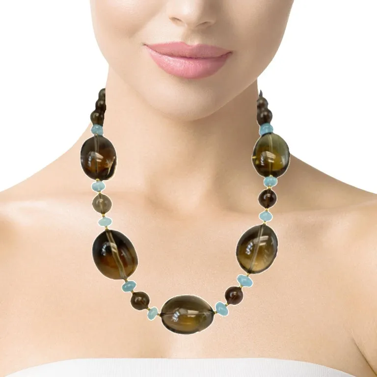 Smoky Quartz, Aquamarine and 18k Yellow Gold Beaded Necklace, 20 Inches