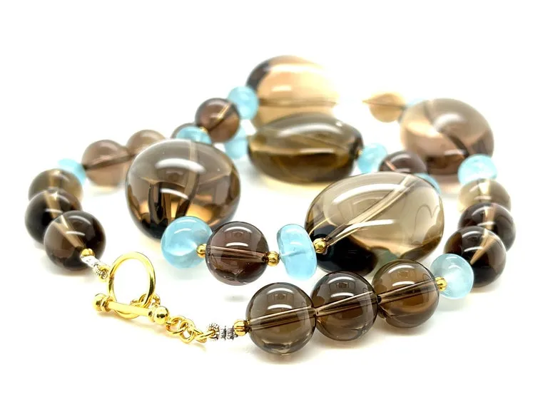 Smoky Quartz, Aquamarine and 18k Yellow Gold Beaded Necklace, 20 Inches