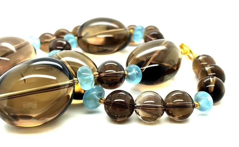 Smoky Quartz, Aquamarine and 18k Yellow Gold Beaded Necklace, 20 Inches