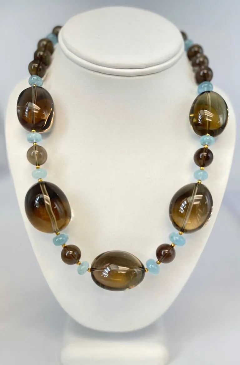 Smoky Quartz, Aquamarine and 18k Yellow Gold Beaded Necklace, 20 Inches