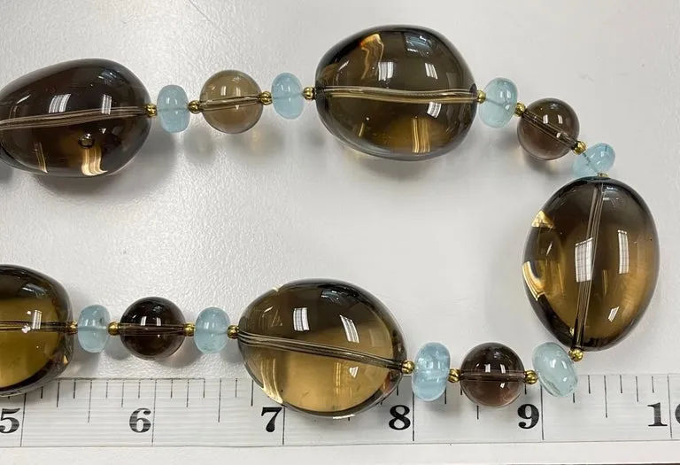 Smoky Quartz, Aquamarine and 18k Yellow Gold Beaded Necklace, 20 Inches