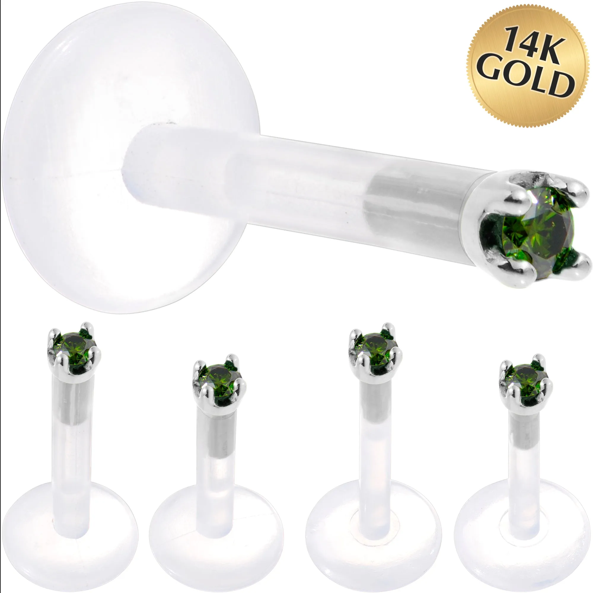 Solid 14KT White Gold 1.5mm Genuine Green Diamond Bioplast Push in Labret