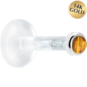 Solid 14KT White Gold 2mm Genuine Tiger Eye Bioplast Push in Labret