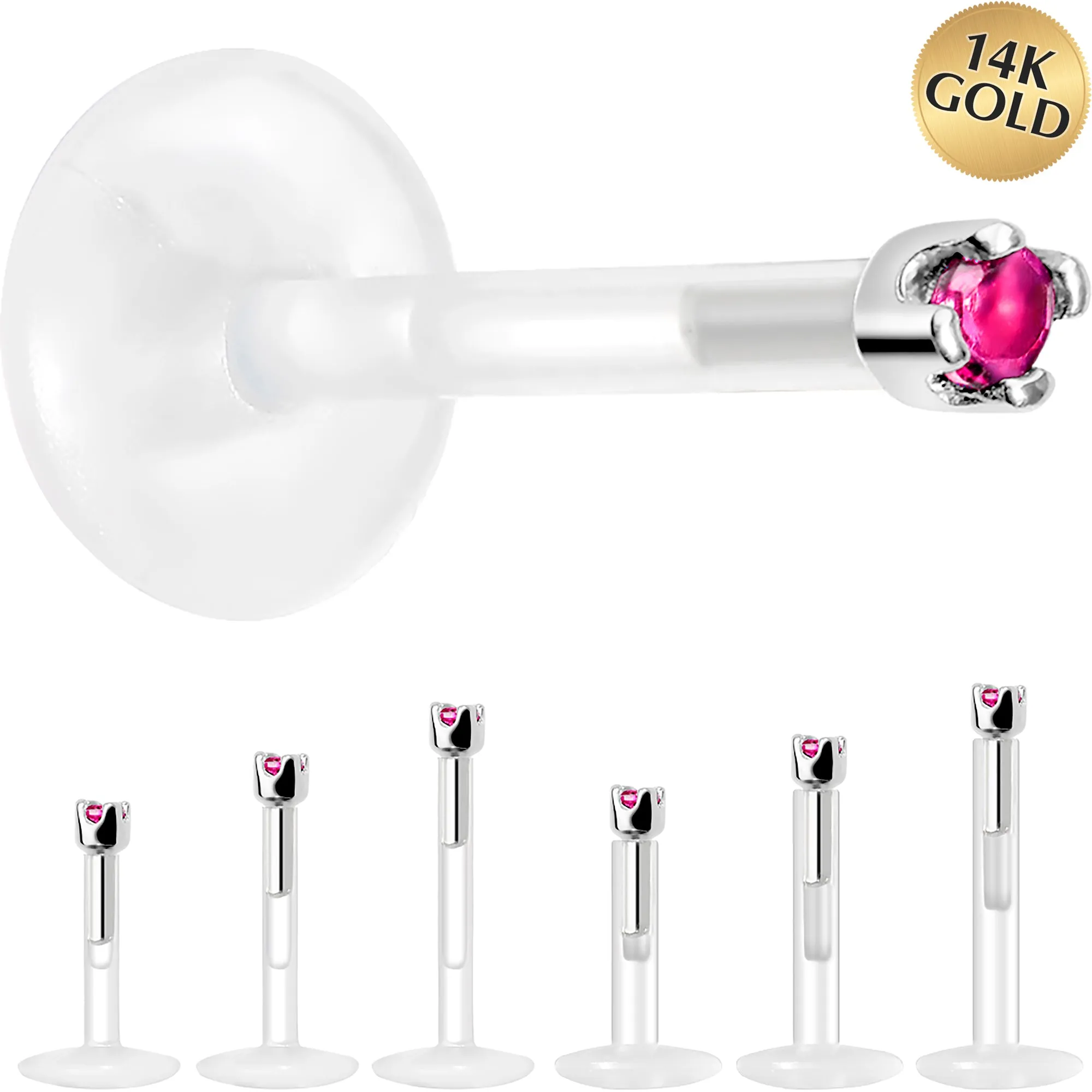 Solid 14KT White Gold July 1.5mm CZ Bioplast Push in Labret Monroe