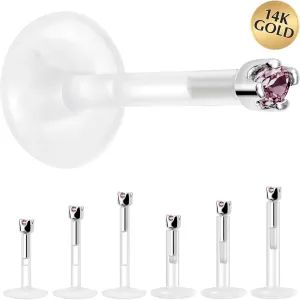 Solid 14KT White Gold June 1.5mm CZ Bioplast Push in Labret Monroe
