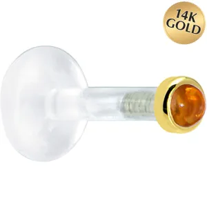 Solid 14KT Yellow Gold 2mm Genuine Citrine Bioplast Push in Labret