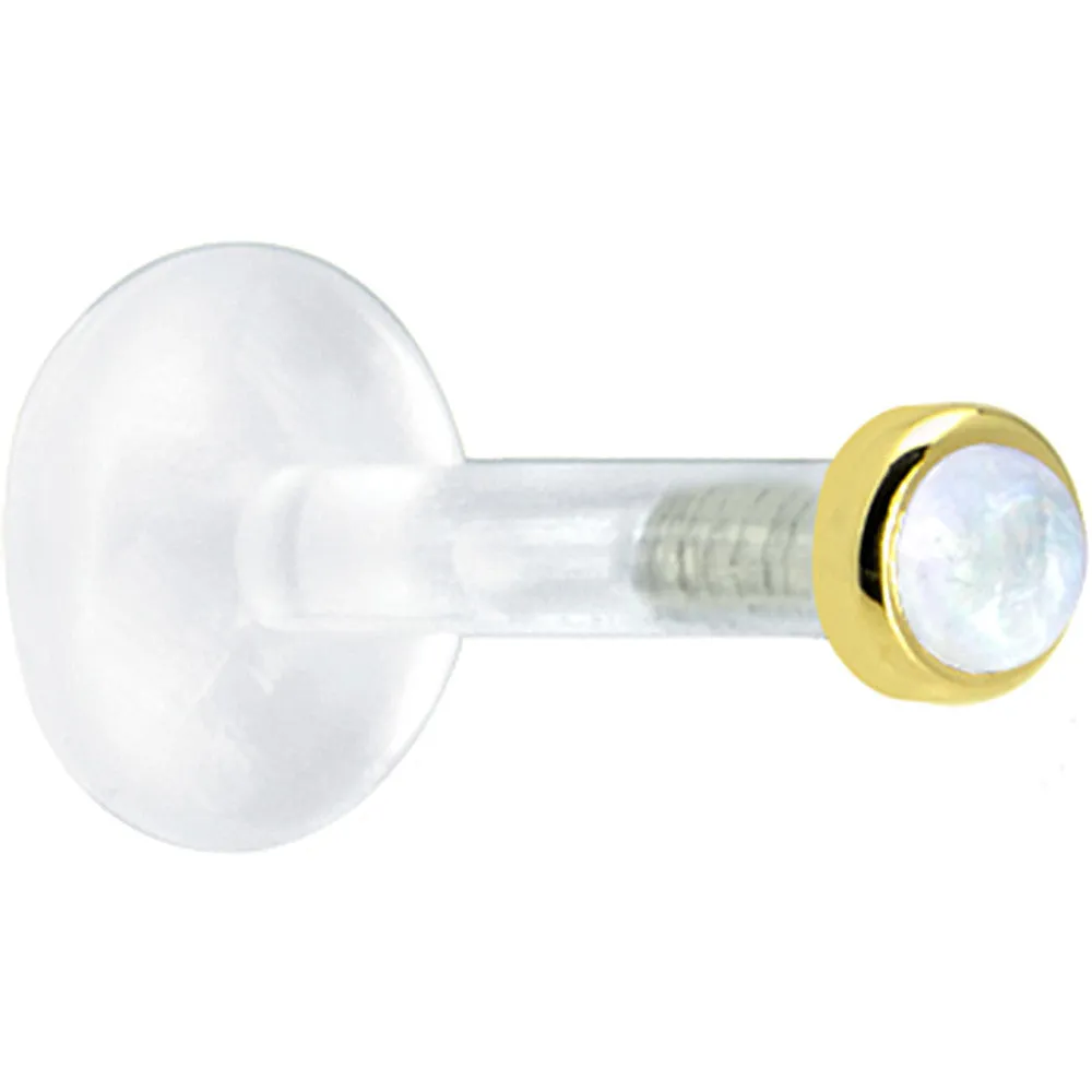 Solid 14KT Yellow Gold 2mm Genuine Rainbow Moonstone Bioplast Push in Labret