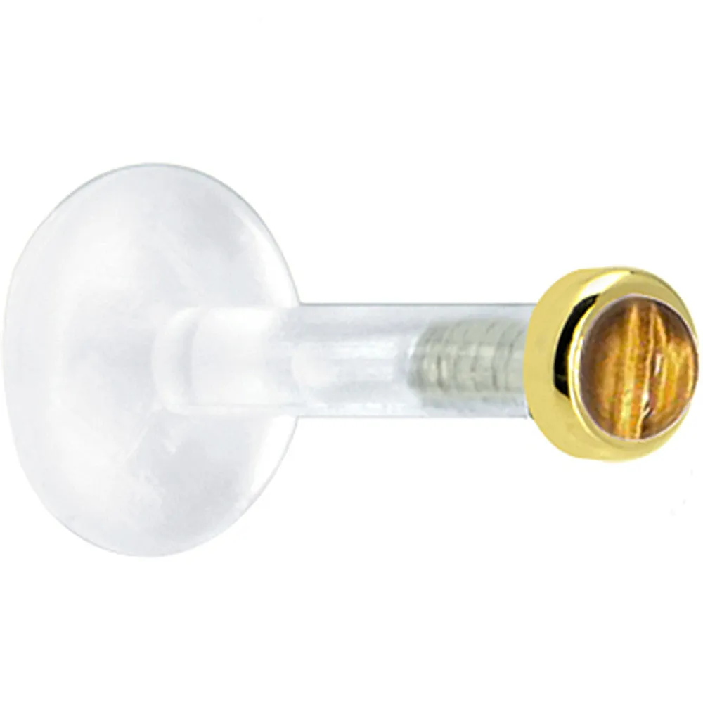 Solid 14KT Yellow Gold 2mm Genuine Tiger Eye Bioplast Push in Labret