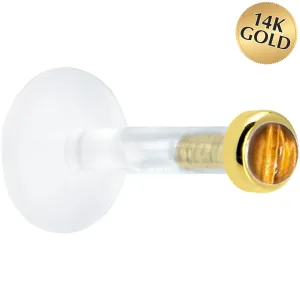 Solid 14KT Yellow Gold 2mm Genuine Tiger Eye Bioplast Push in Labret
