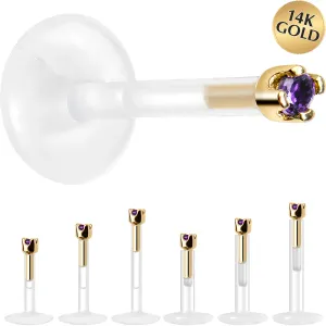 Solid 14KT Yellow Gold February 1.5mm CZ Bioplast Push in Labret Monroe