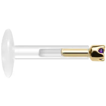 Solid 14KT Yellow Gold February 1.5mm CZ Bioplast Push in Labret Monroe