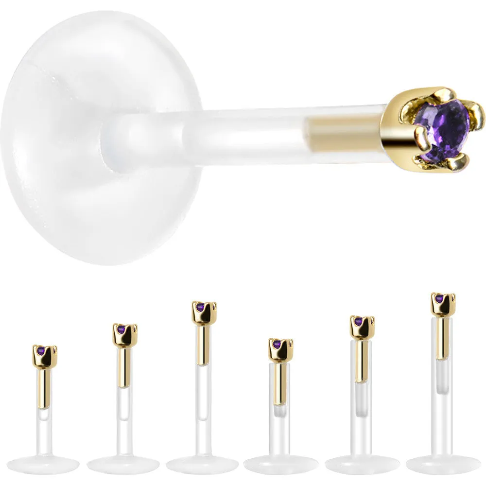 Solid 14KT Yellow Gold February 1.5mm CZ Bioplast Push in Labret Monroe
