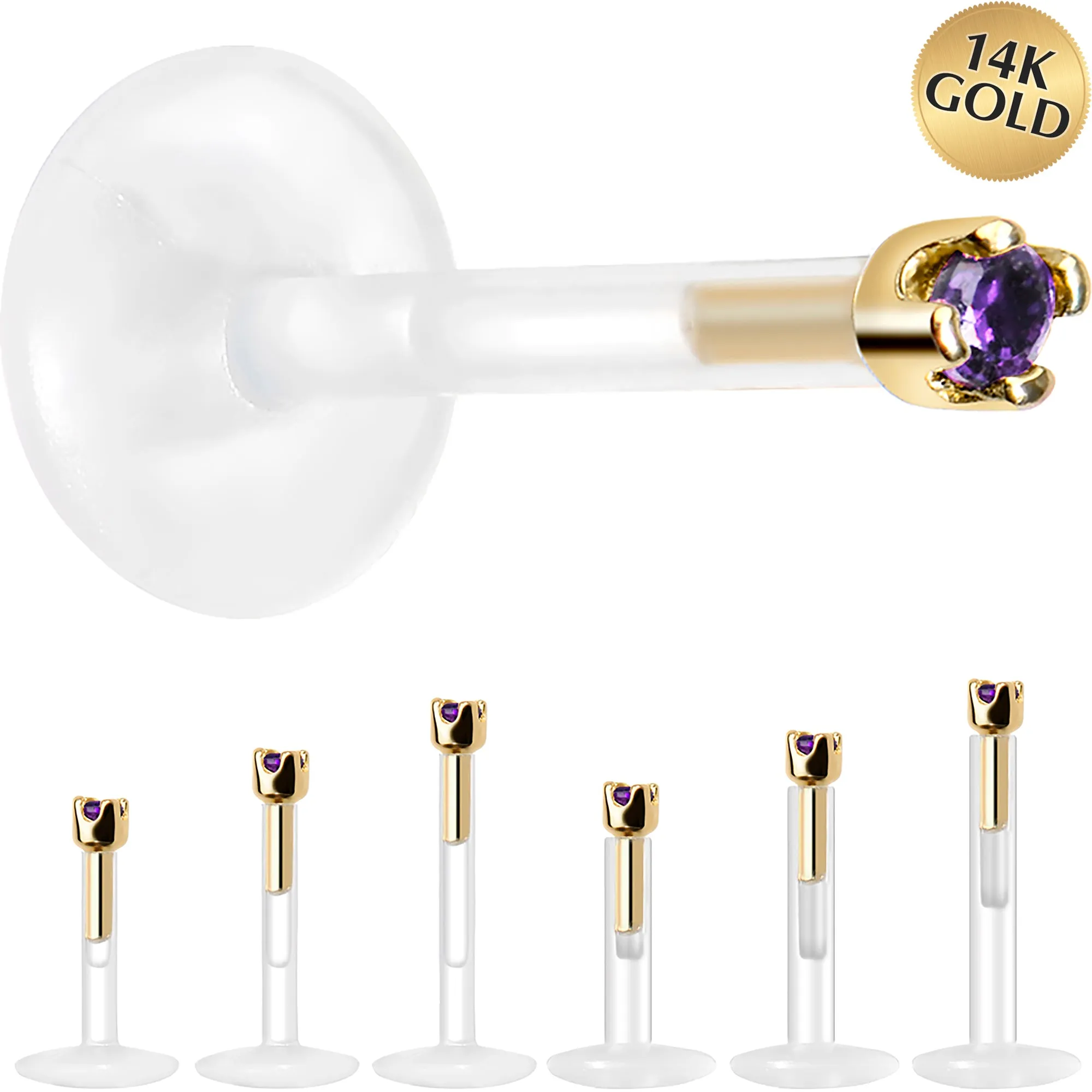 Solid 14KT Yellow Gold February 1.5mm CZ Bioplast Push in Labret Monroe