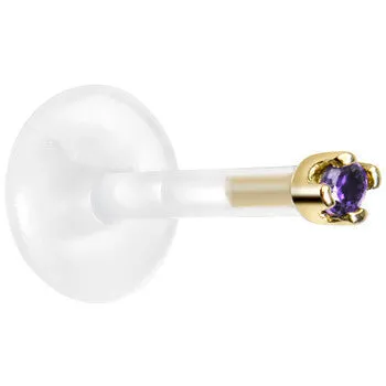 Solid 14KT Yellow Gold February 1.5mm CZ Bioplast Push in Labret Monroe