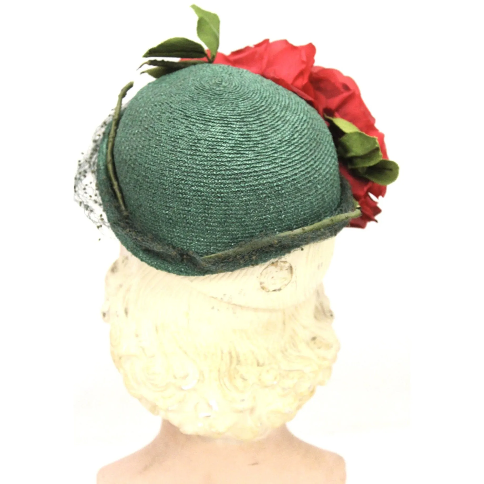 Stunning Vintage Hat 1930s Green Straw Huge Red Poppies O/S Brozemans Williamsport Church Hat