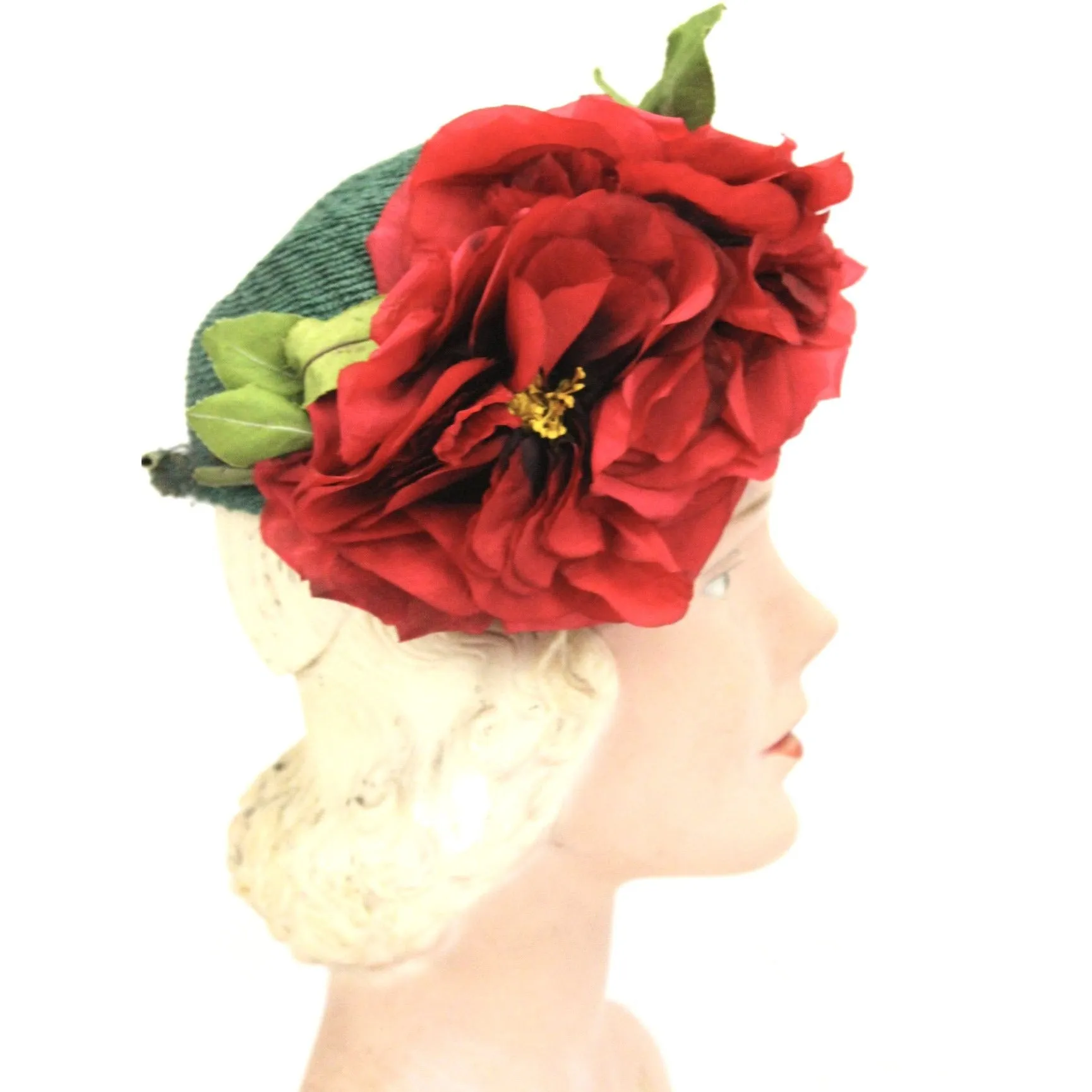 Stunning Vintage Hat 1930s Green Straw Huge Red Poppies O/S Brozemans Williamsport Church Hat