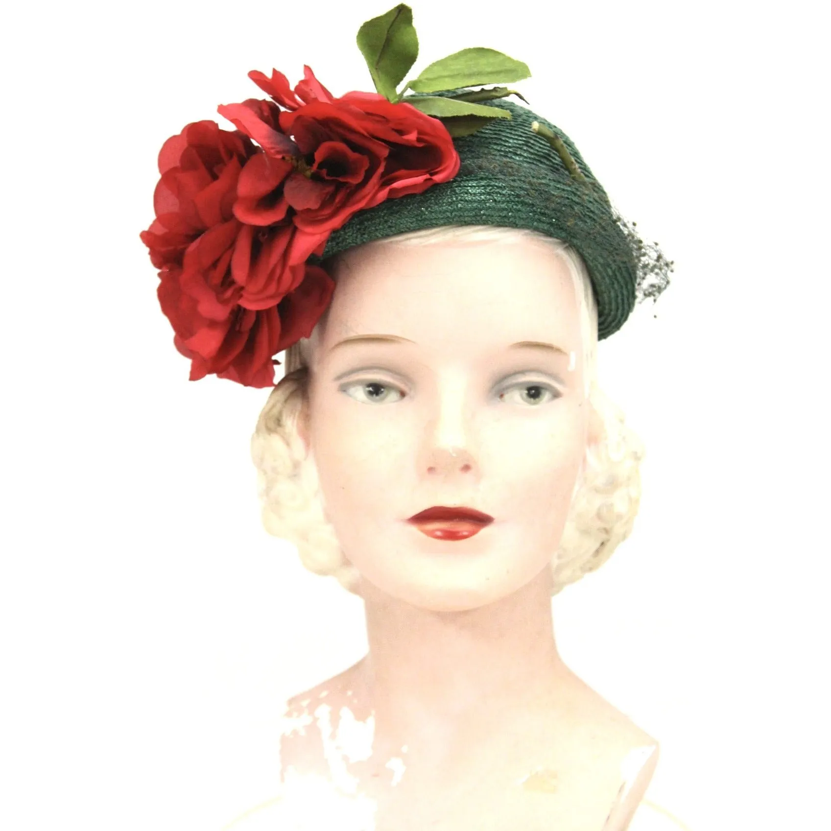 Stunning Vintage Hat 1930s Green Straw Huge Red Poppies O/S Brozemans Williamsport Church Hat