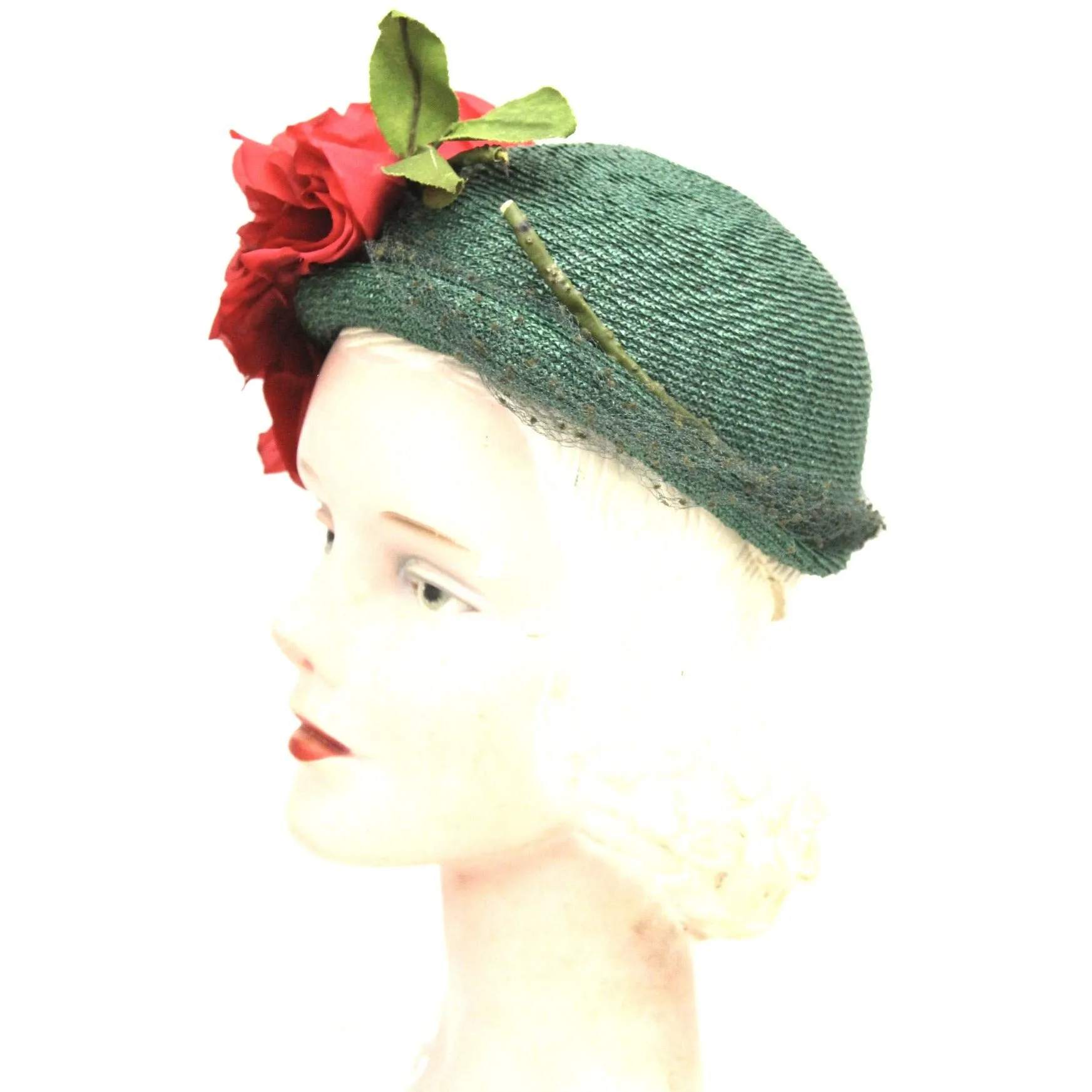 Stunning Vintage Hat 1930s Green Straw Huge Red Poppies O/S Brozemans Williamsport Church Hat