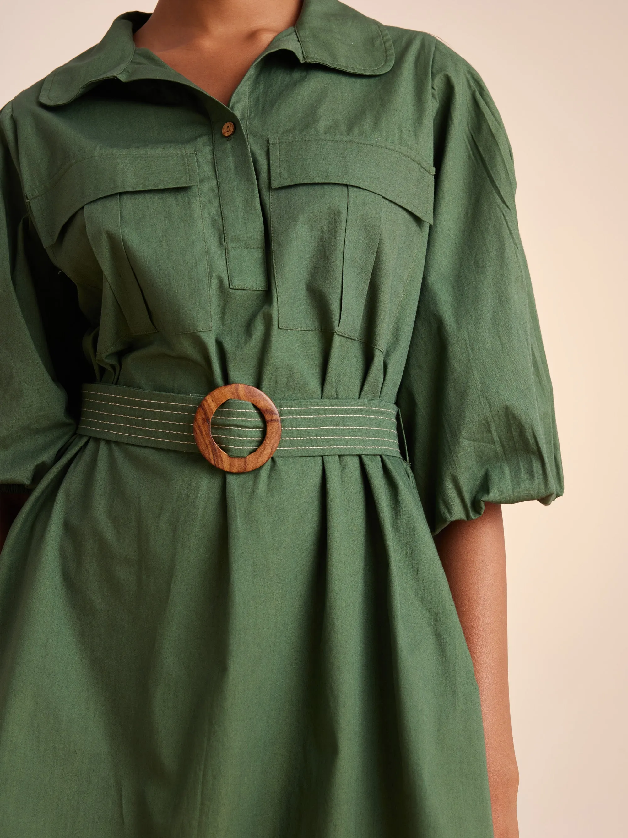 Summer Dress Short Belted-Fern-Cotton Ss23-Bsd-Fern-Cord