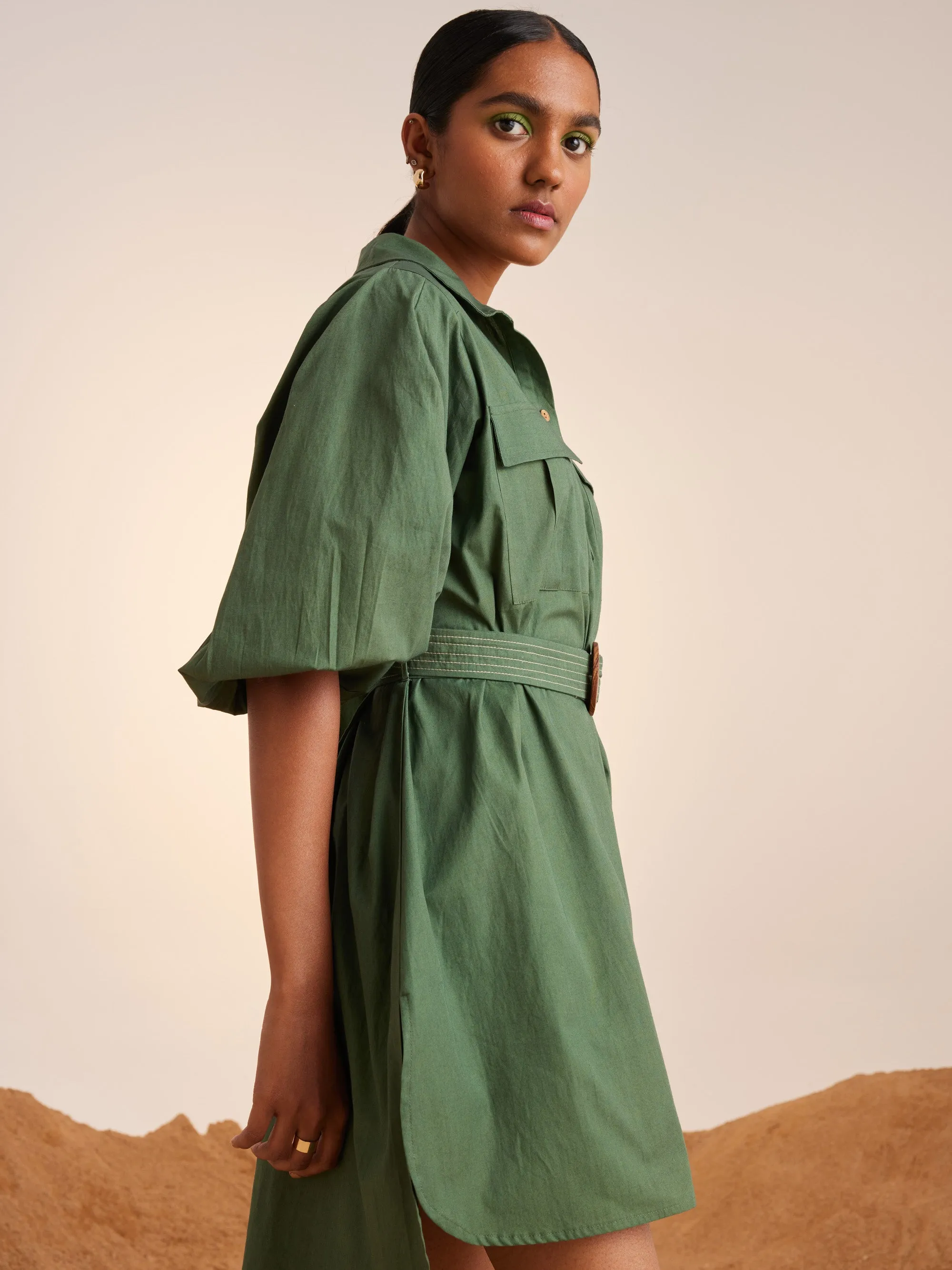 Summer Dress Short Belted-Fern-Cotton Ss23-Bsd-Fern-Cord