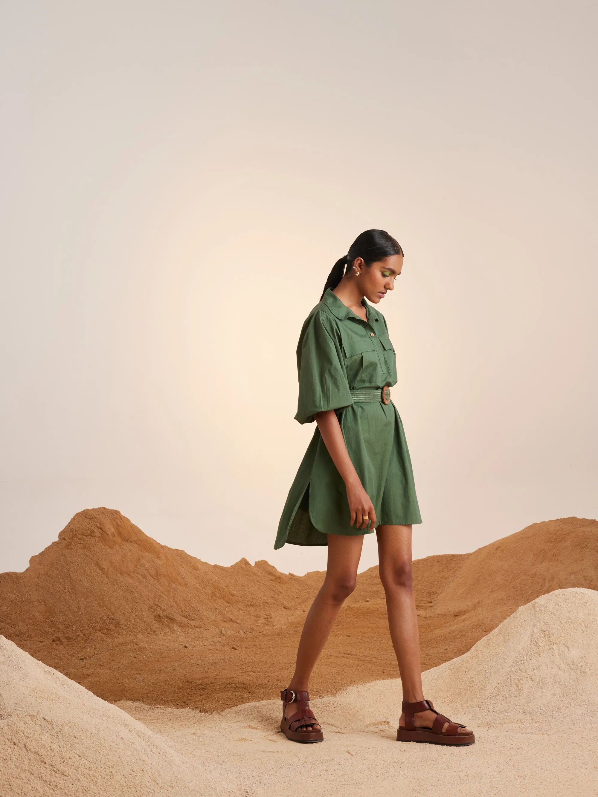 Summer Dress Short Belted-Fern-Cotton Ss23-Bsd-Fern-Cord