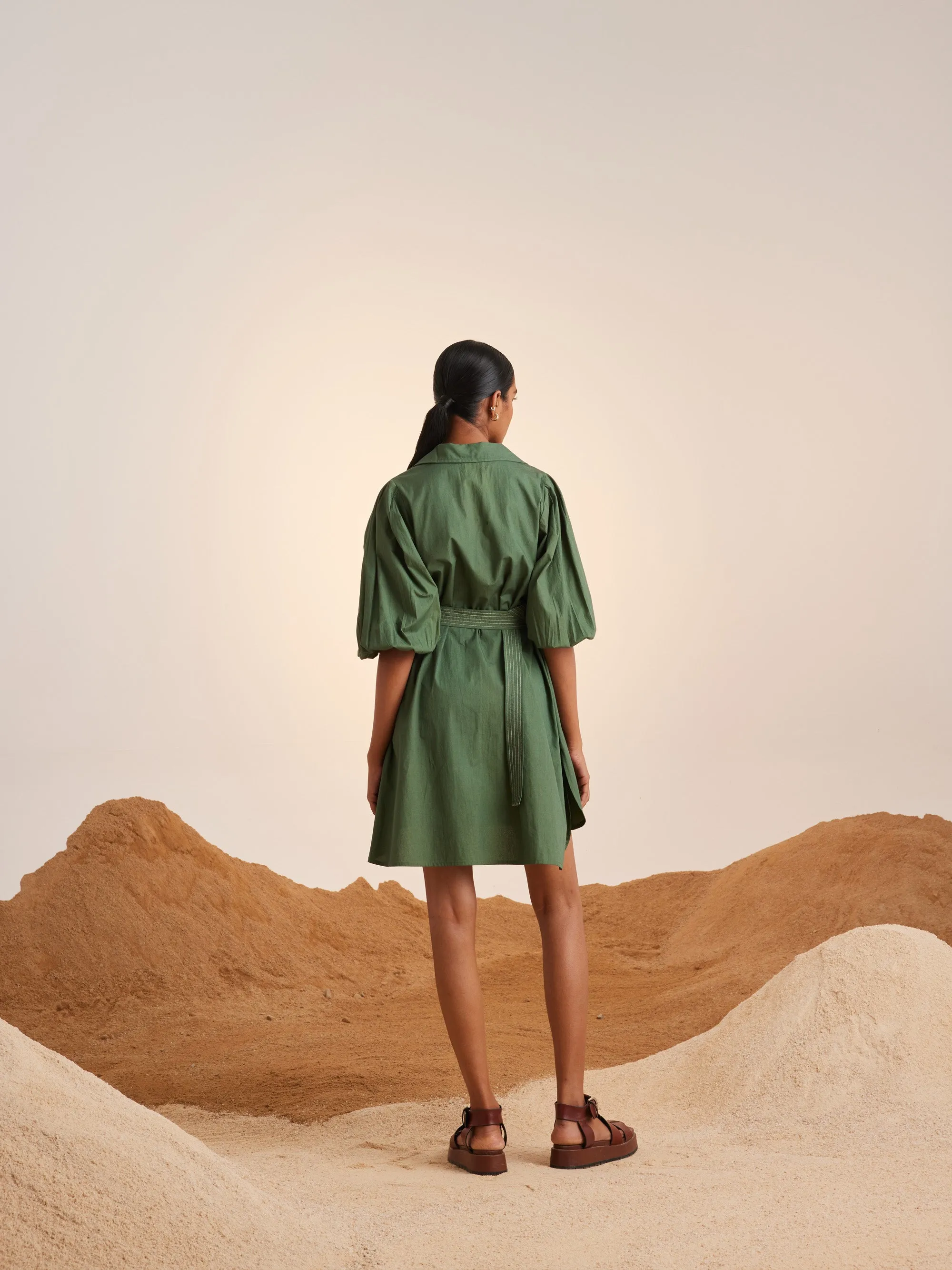 Summer Dress Short Belted-Fern-Cotton Ss23-Bsd-Fern-Cord