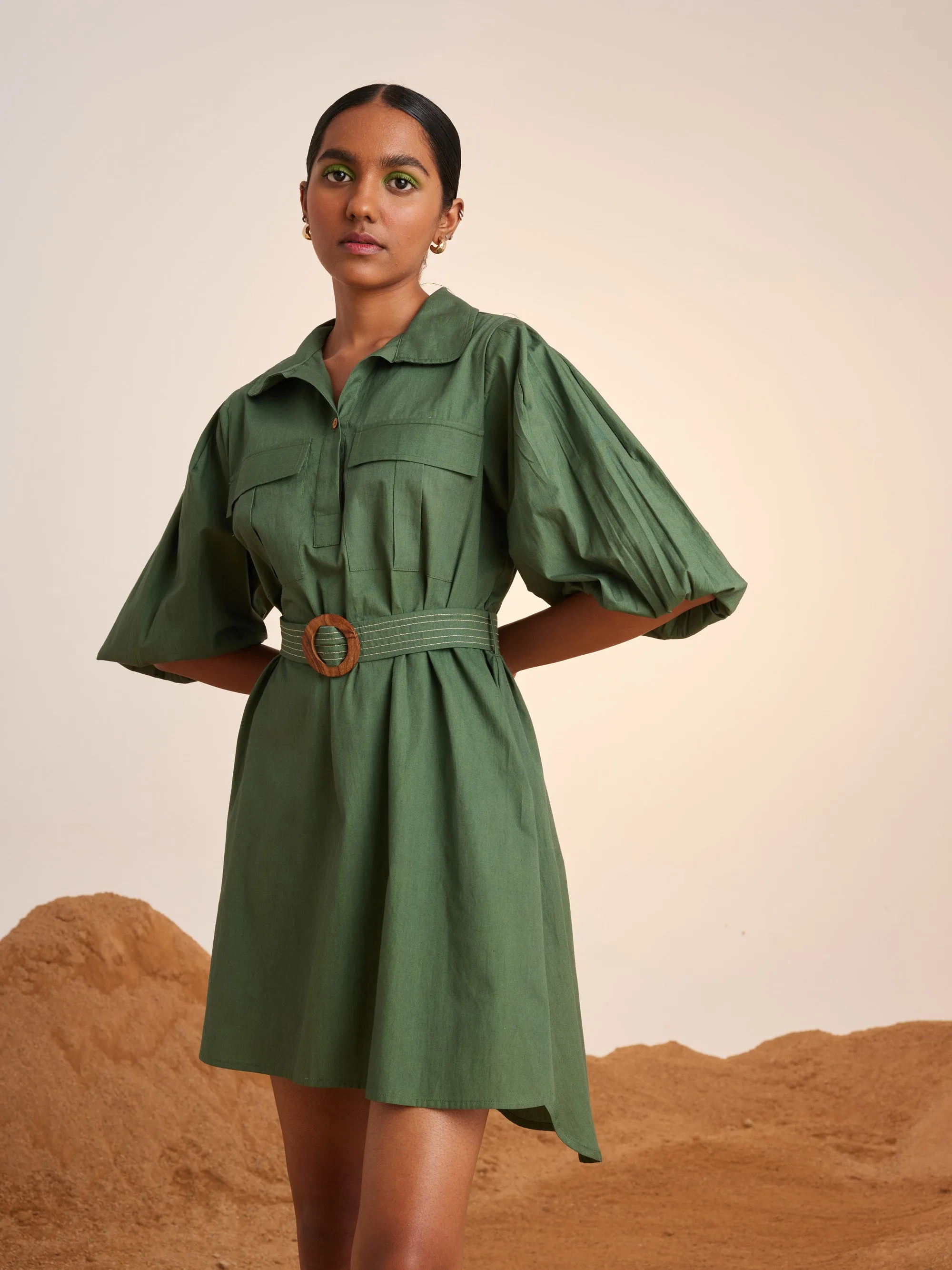 Summer Dress Short Belted-Fern-Cotton Ss23-Bsd-Fern-Cord