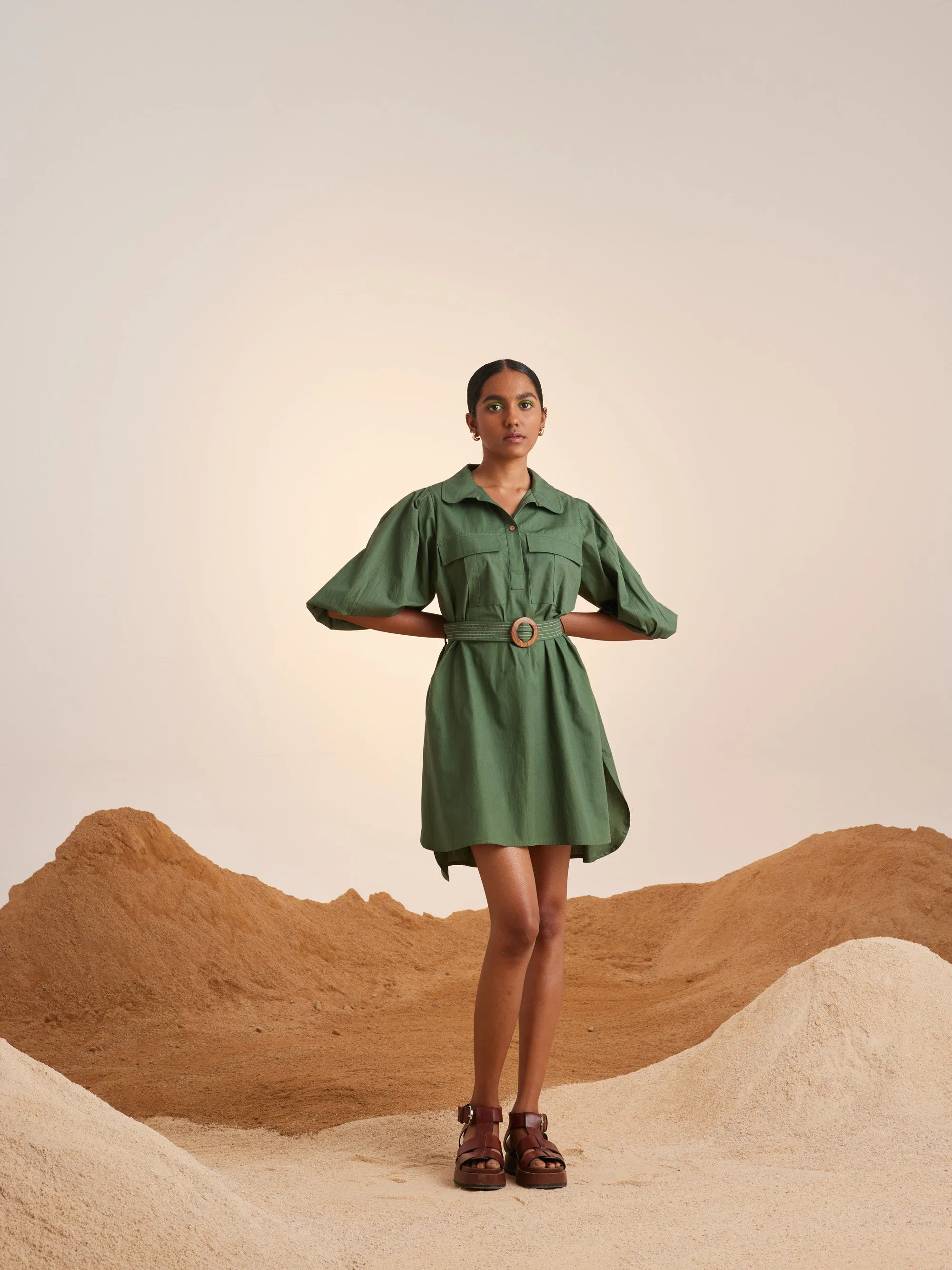Summer Dress Short Belted-Fern-Cotton Ss23-Bsd-Fern-Cord