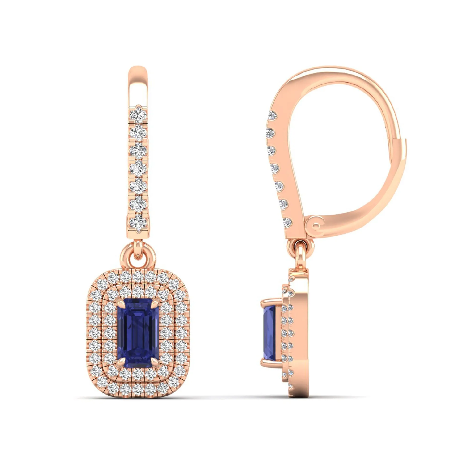 Tanzanite and Double Halo Diamond Drop Earrings
