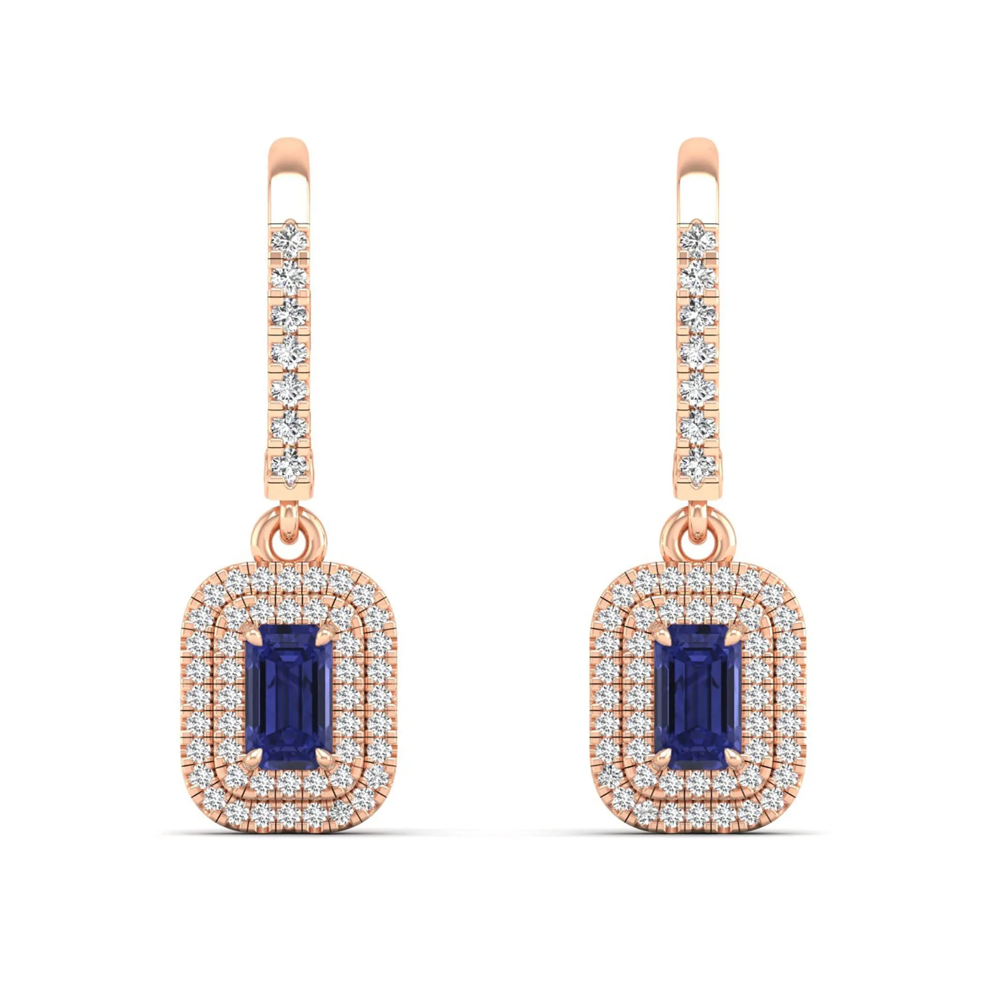 Tanzanite and Double Halo Diamond Drop Earrings