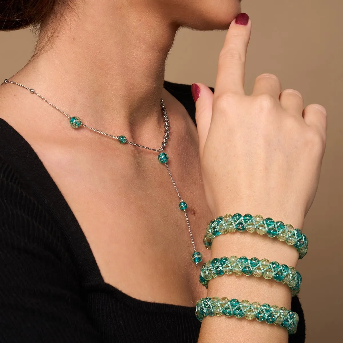 Teal | Silver | Firefly Glass Cascade Double Pendant