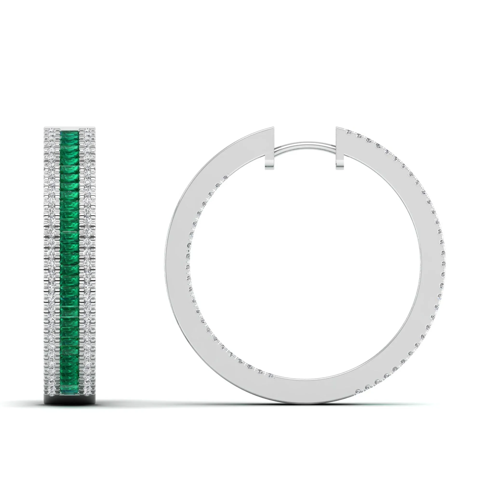 Three Row Channel Set Baguette Emerald and Diamond Hoop Earrings