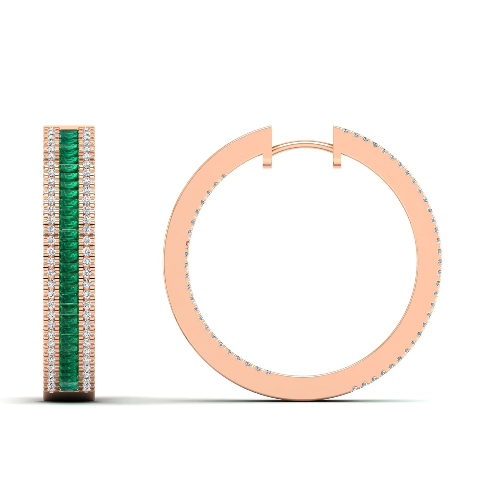 Three Row Channel Set Baguette Emerald and Diamond Hoop Earrings