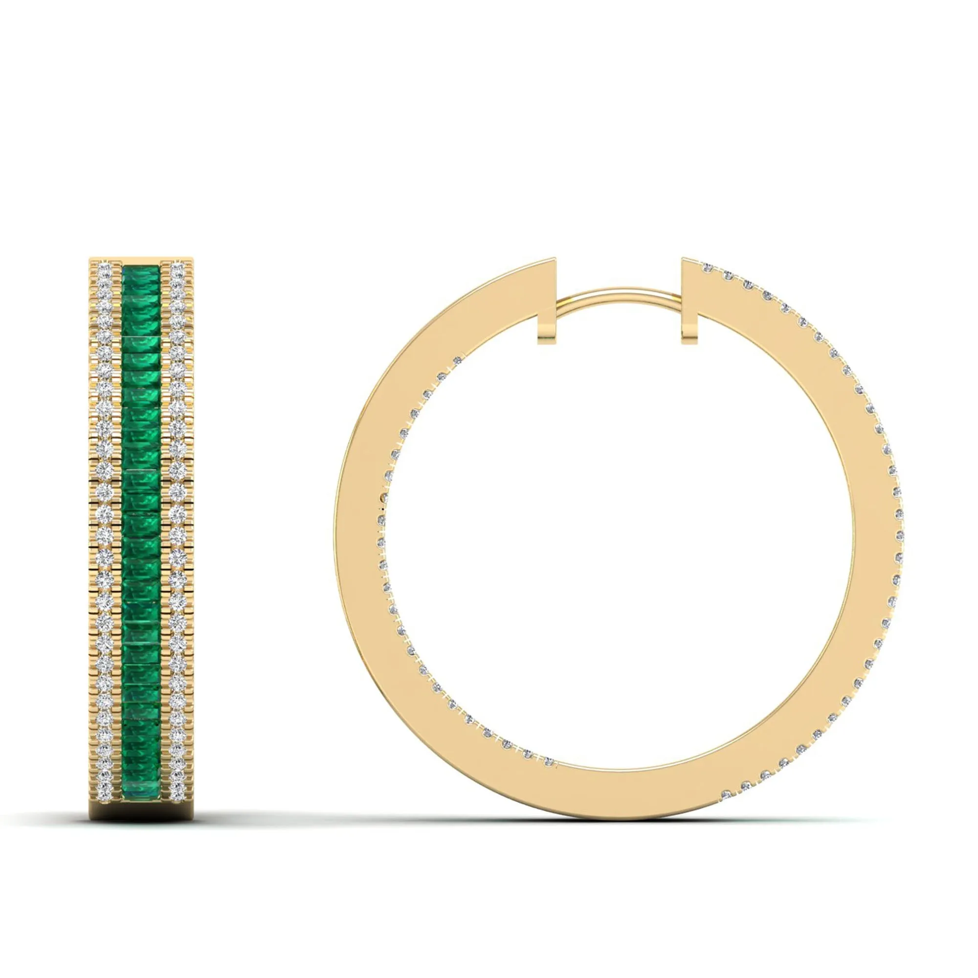 Three Row Channel Set Baguette Emerald and Diamond Hoop Earrings