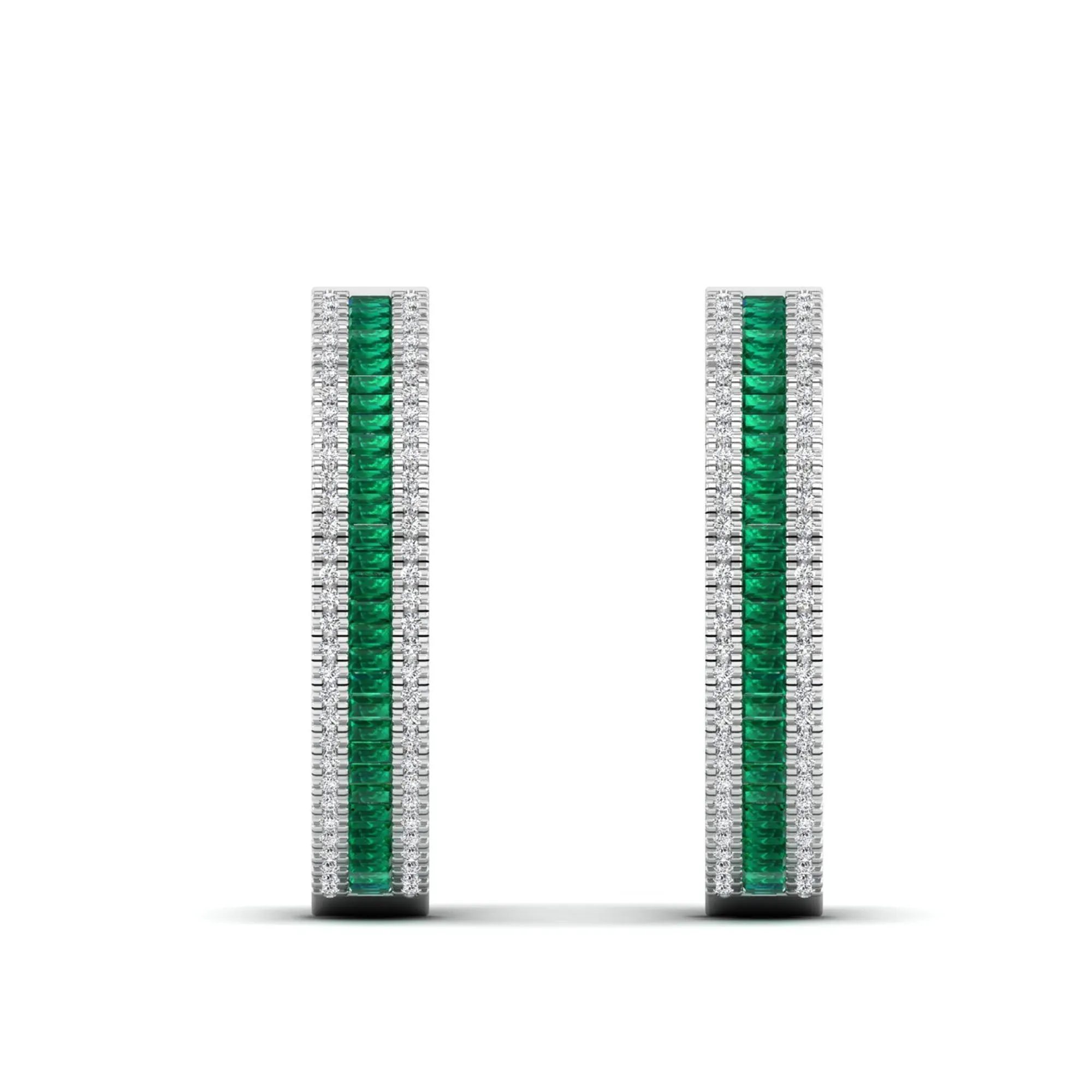 Three Row Channel Set Baguette Emerald and Diamond Hoop Earrings