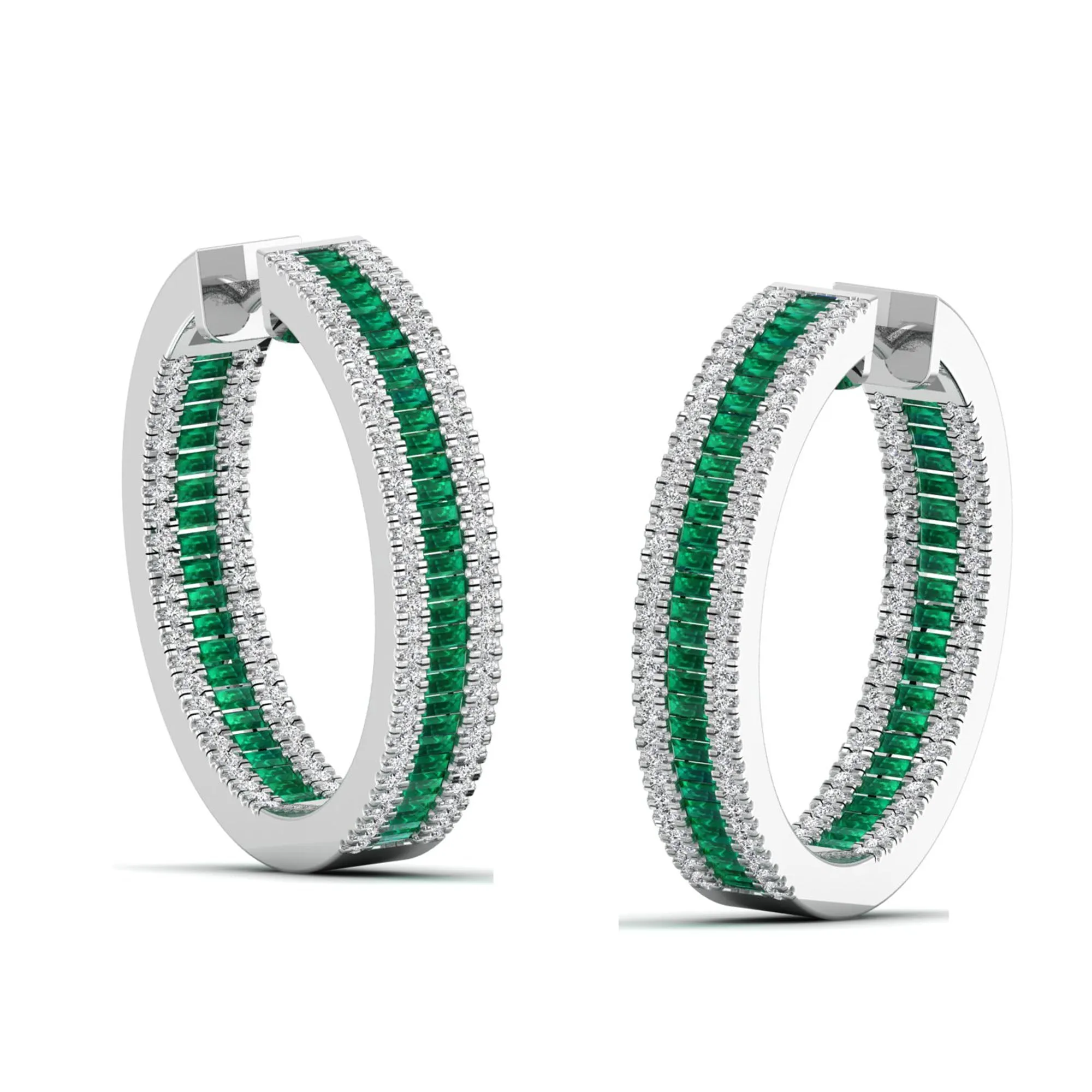 Three Row Channel Set Baguette Emerald and Diamond Hoop Earrings