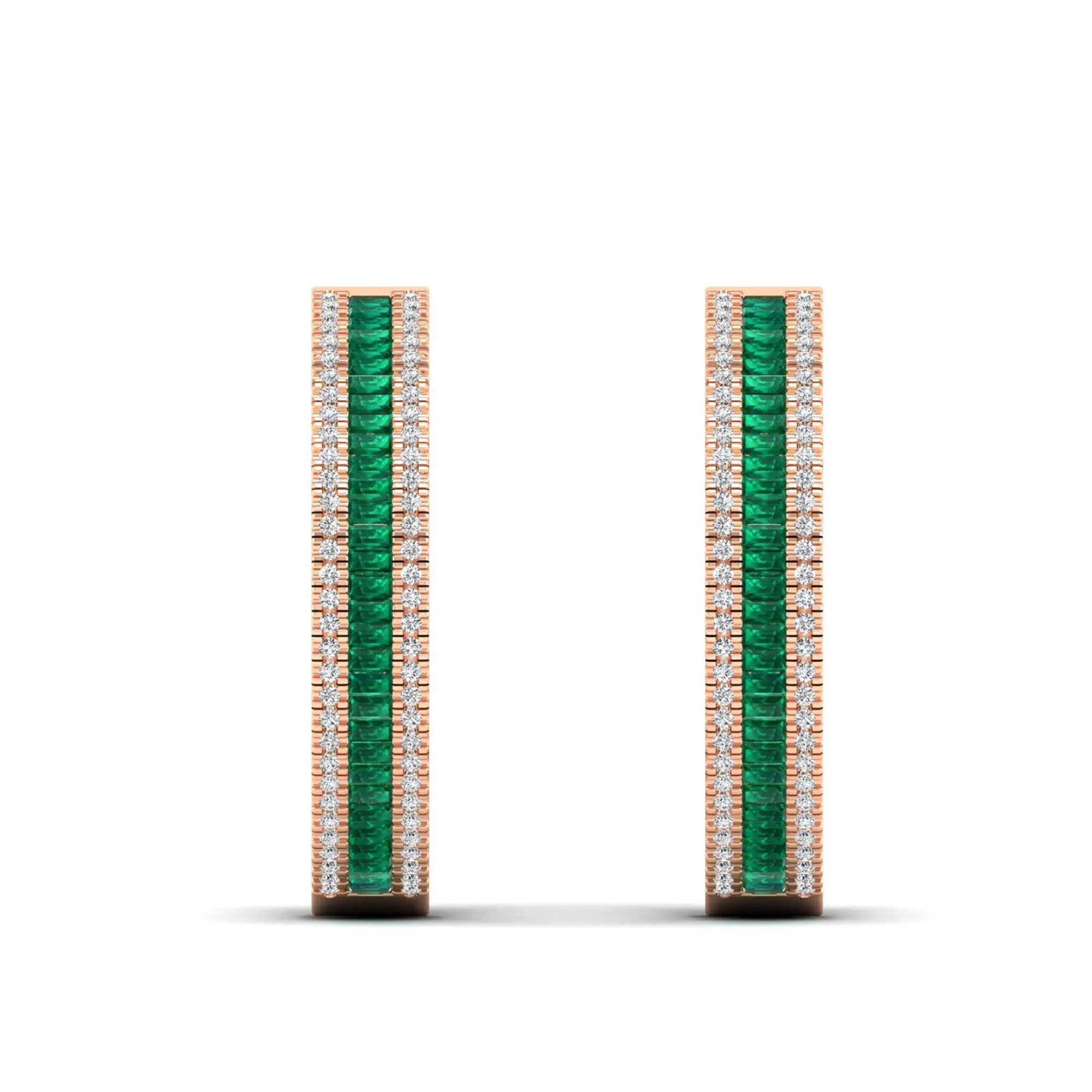 Three Row Channel Set Baguette Emerald and Diamond Hoop Earrings
